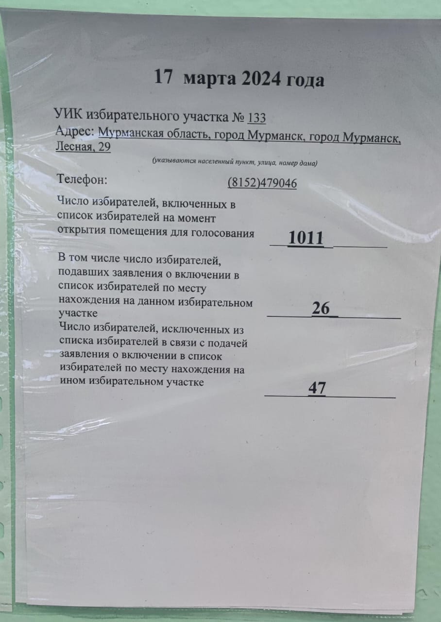 Сообщение наблюдателя — УИК №133, Мурманская область