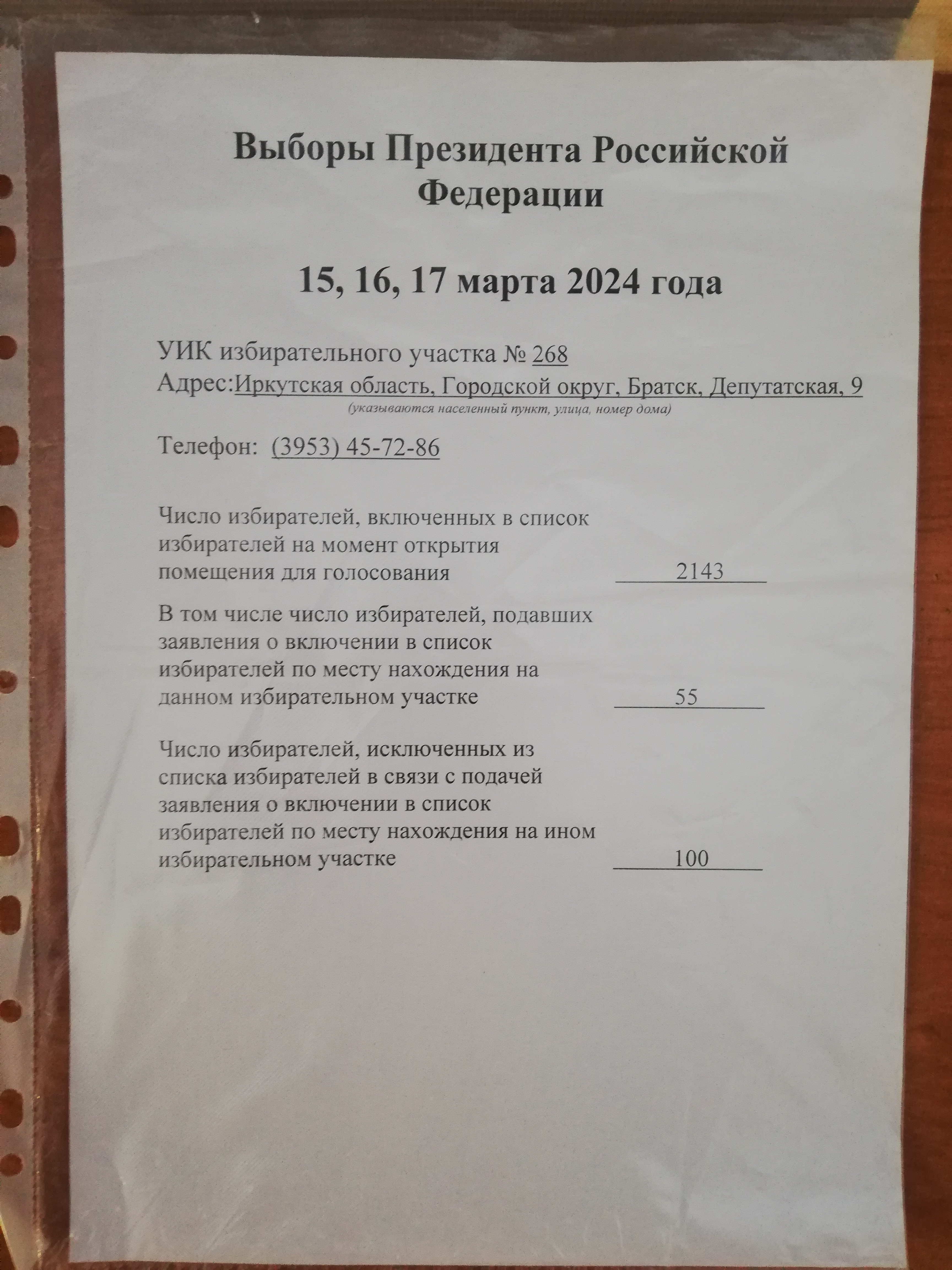 Сообщение наблюдателя — УИК №268, Иркутская область