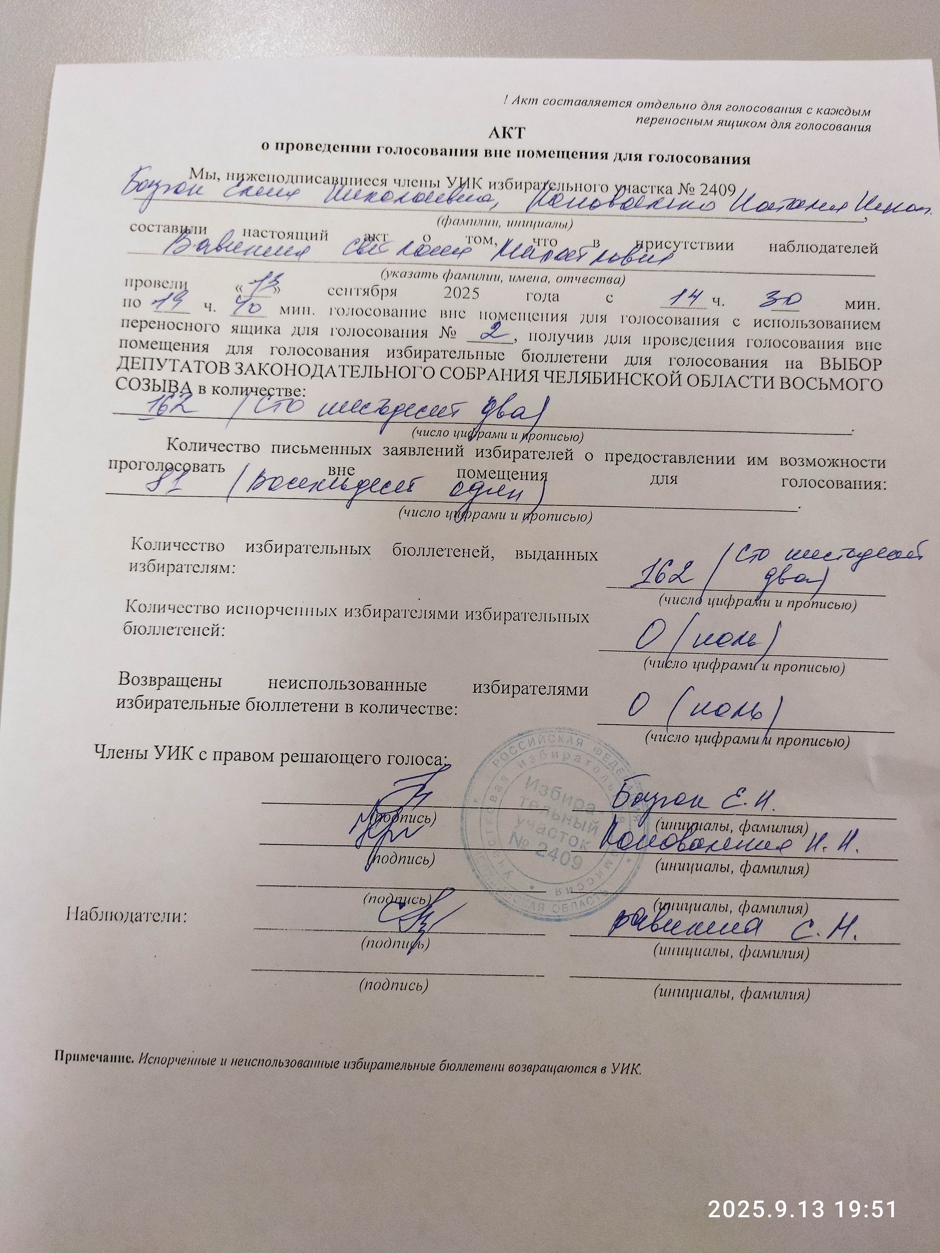 Сообщение наблюдателя — УИК №2409, Челябинская область