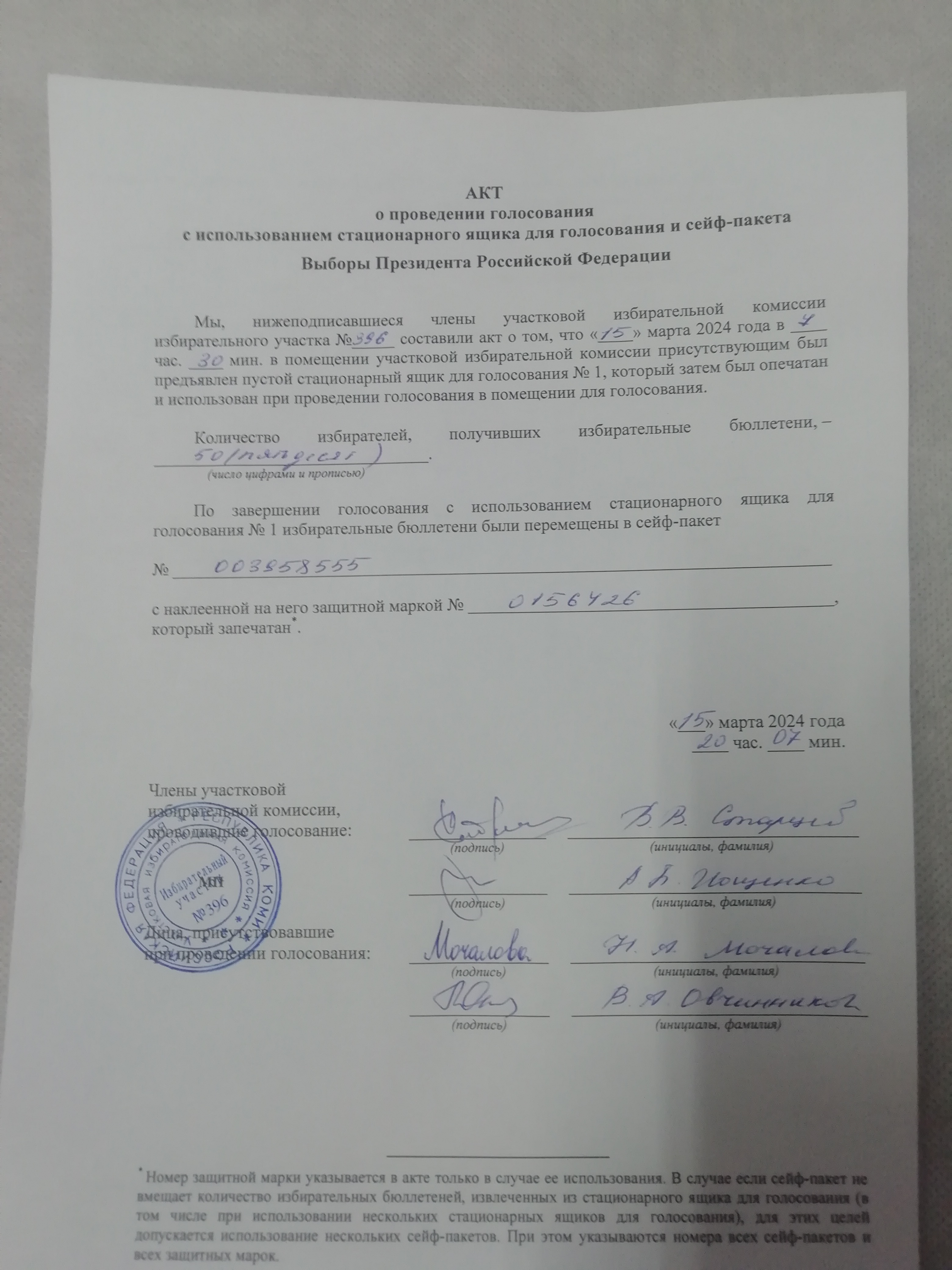 Сообщение наблюдателя — УИК №396, Республика Коми