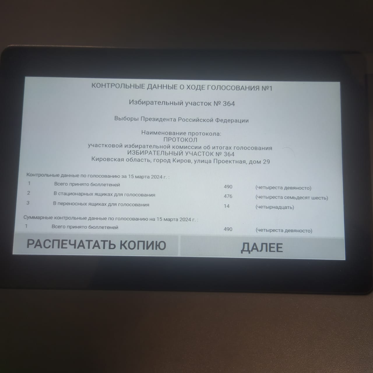 Сообщение наблюдателя — УИК №364, Кировская область