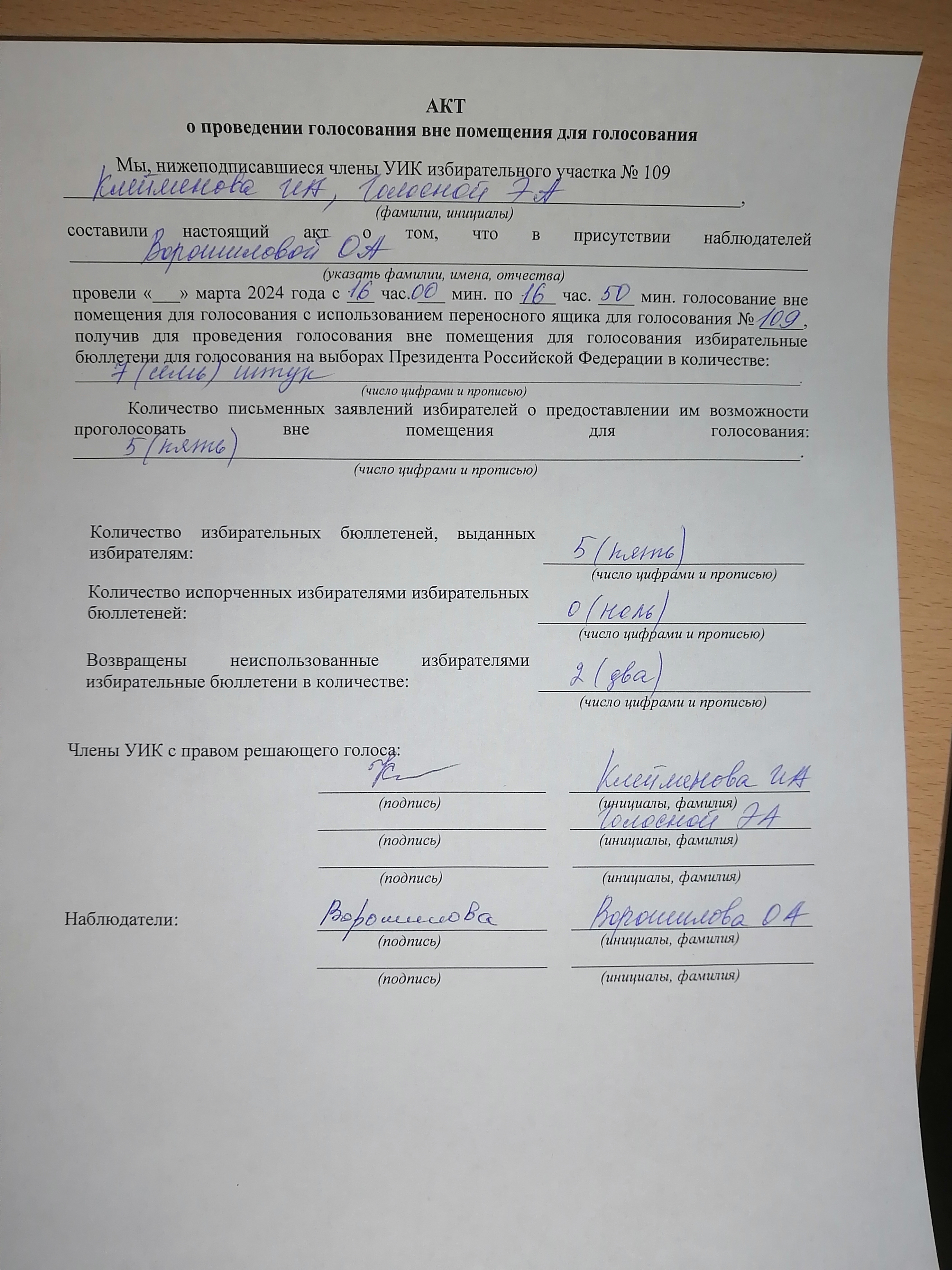 Сообщение наблюдателя — УИК №109, Республика Коми
